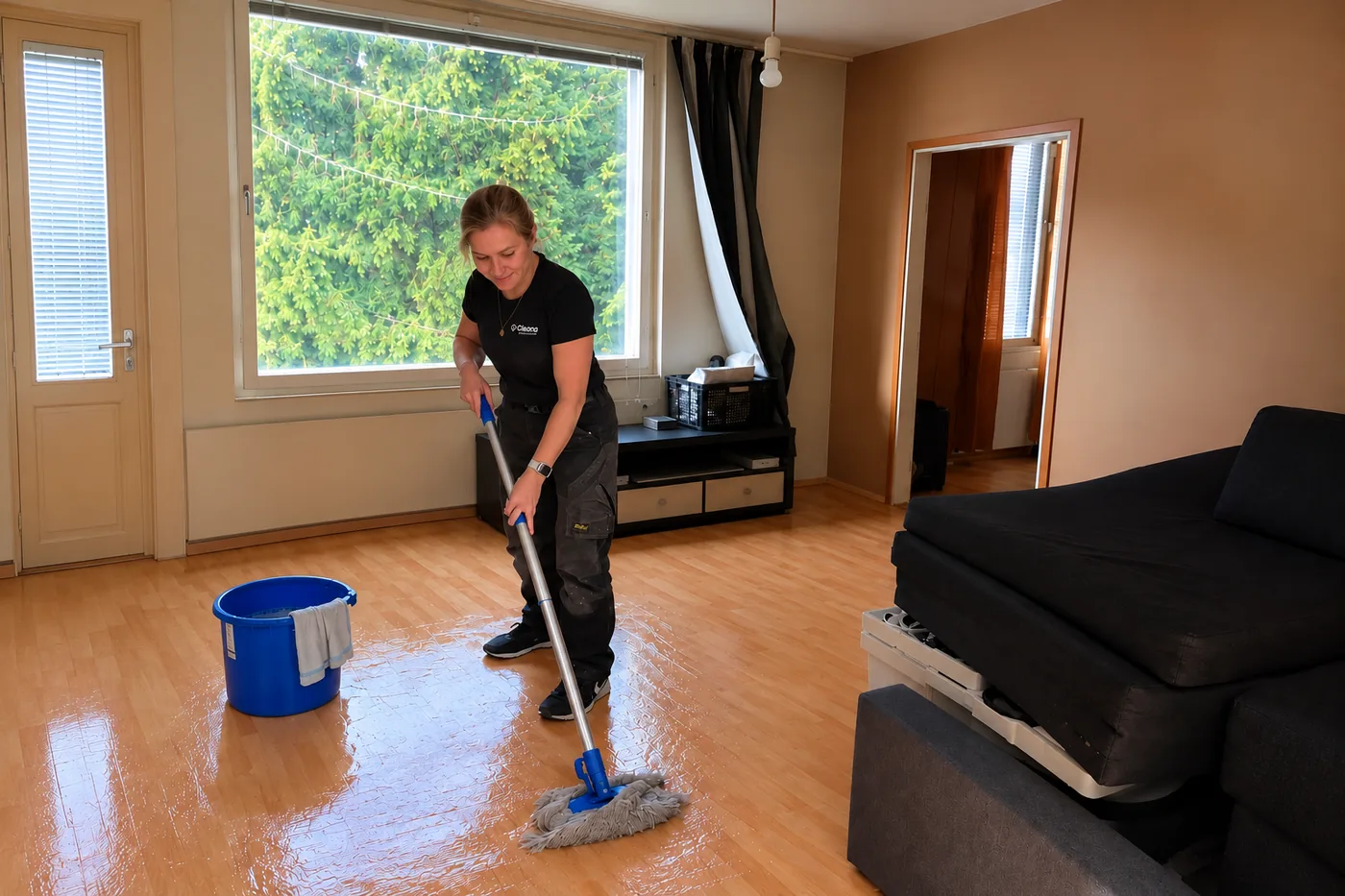 Cleanan ty&ouml;ntekij&auml; pyyhkii olohuoneen lattiaa mopilla