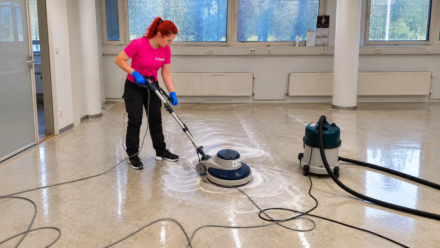 Cleanan ty&ouml;ntekij&auml; poistaa vanhaa vahaa lattialta yksilaikkakoneella