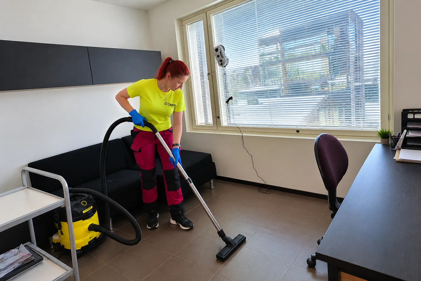 Cleanan ty&ouml;ntekij&auml; imuroi toimiston lattiaa